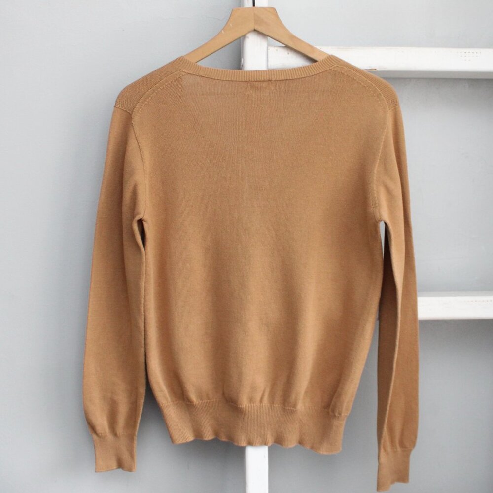 QUALFORT Women's Tan Sweater Cotton Long Sleeve Pullover V-Neck Sweater Medium - Picture 4 of 5